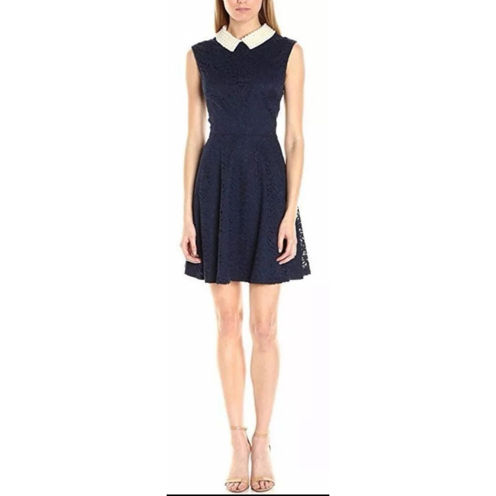 Betsey Johnson Black Lace Fit & Flare Sleeveless Dress w/Pearl Collar-Size 6